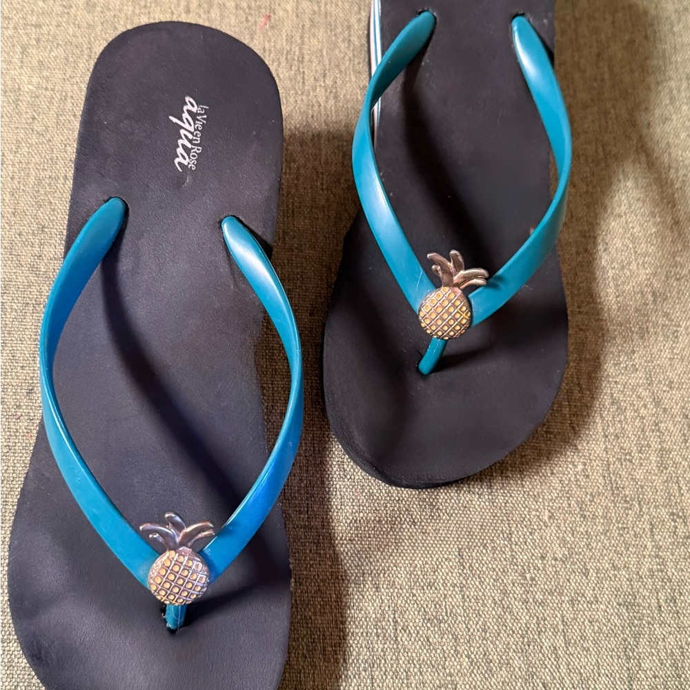 La Vie En Rose Blue Sandals with Pineapple Accent